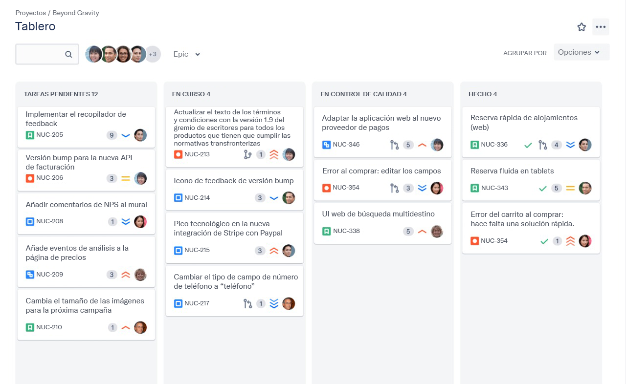 Ejemplo de tablero de kanban en Jira Software